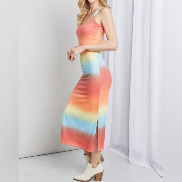 SALE!! Zenana Rainbow Gradient Sleeveless Side Slit Bodycon Maxi Tank Dress - Picture 5 of 6
